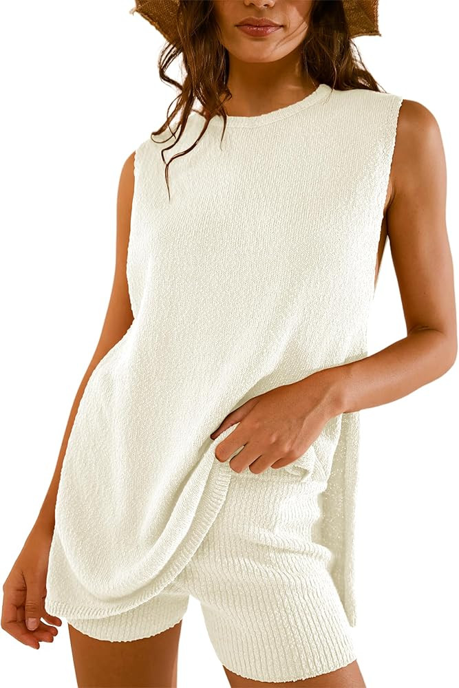 Womens Summer Knit Lounge Sets 2 Piece Sweater Sets Tank Top and Shorts Matching Beach Vacation O... | Amazon (US)