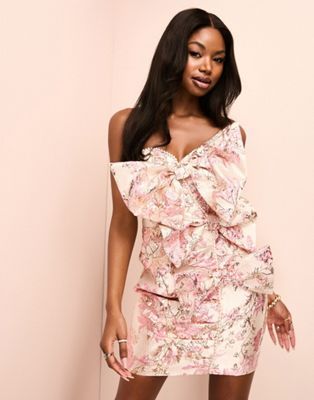 ASOS LUXE jacquard exaggerated bow pearl detailed bandeau mini dress in pink floral | ASOS | ASOS (Global)
