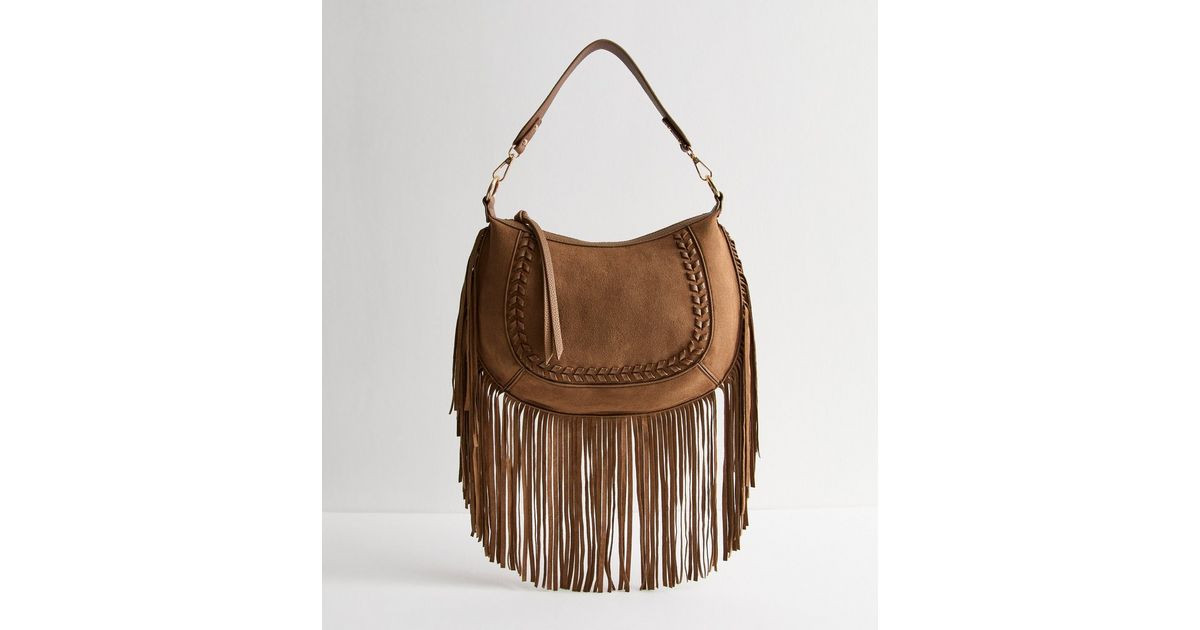 Tan Tassel Trim Faux Suede Crossbody Bag | New Look | New Look (UK)