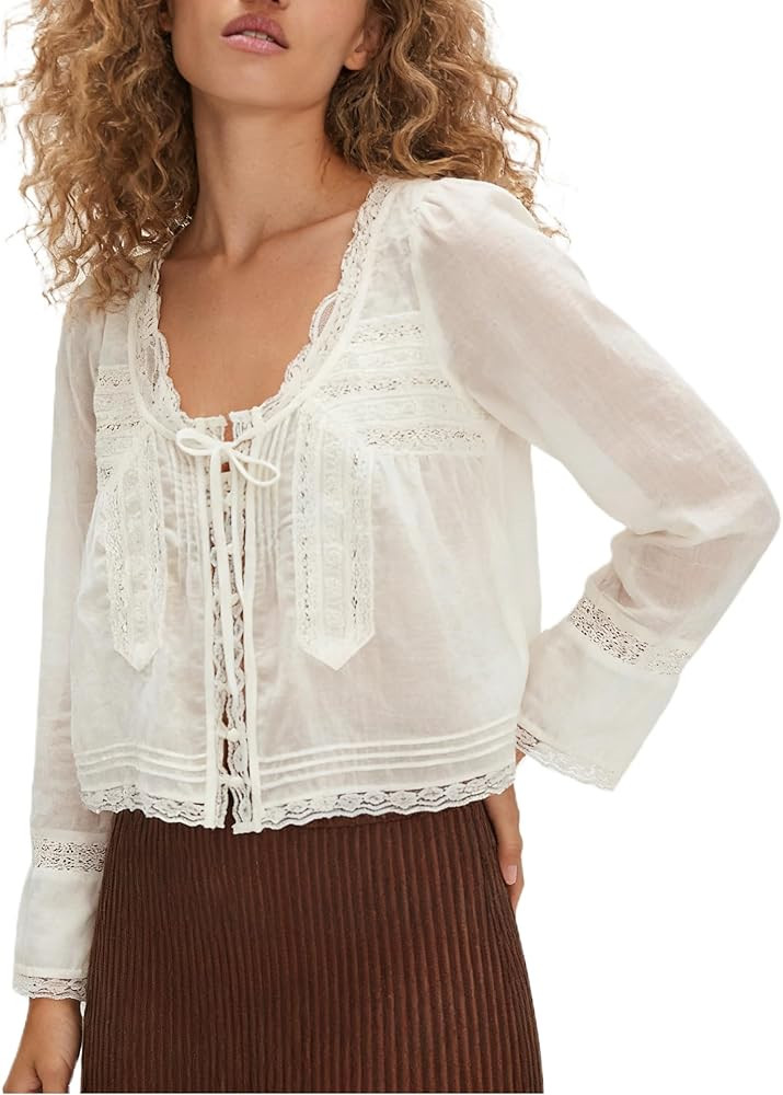 Women Summer Sheer Tie Front Top Y2k Peplum Chiffon Blouse Eyelet Long Sleeve Flowy Lace Beach Co... | Amazon (US)