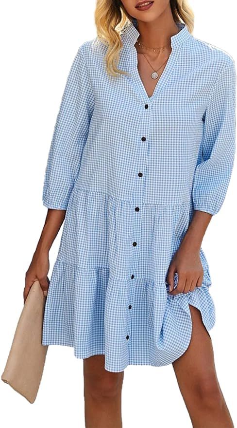 Women's Plaid Print Shirt Dresses Button Up Split Neck Tunic Dress | Amazon (US)