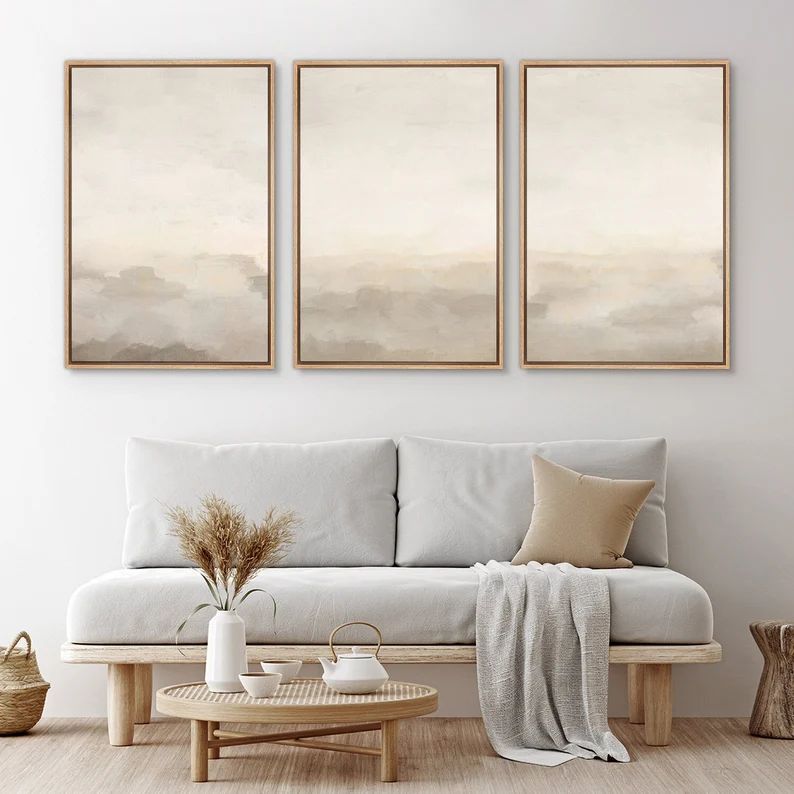 Framed Canvas Wall Art Set of 3 Beige Abstract Prints Minimalist Modern Art Neutral Home Decor | Etsy (US)