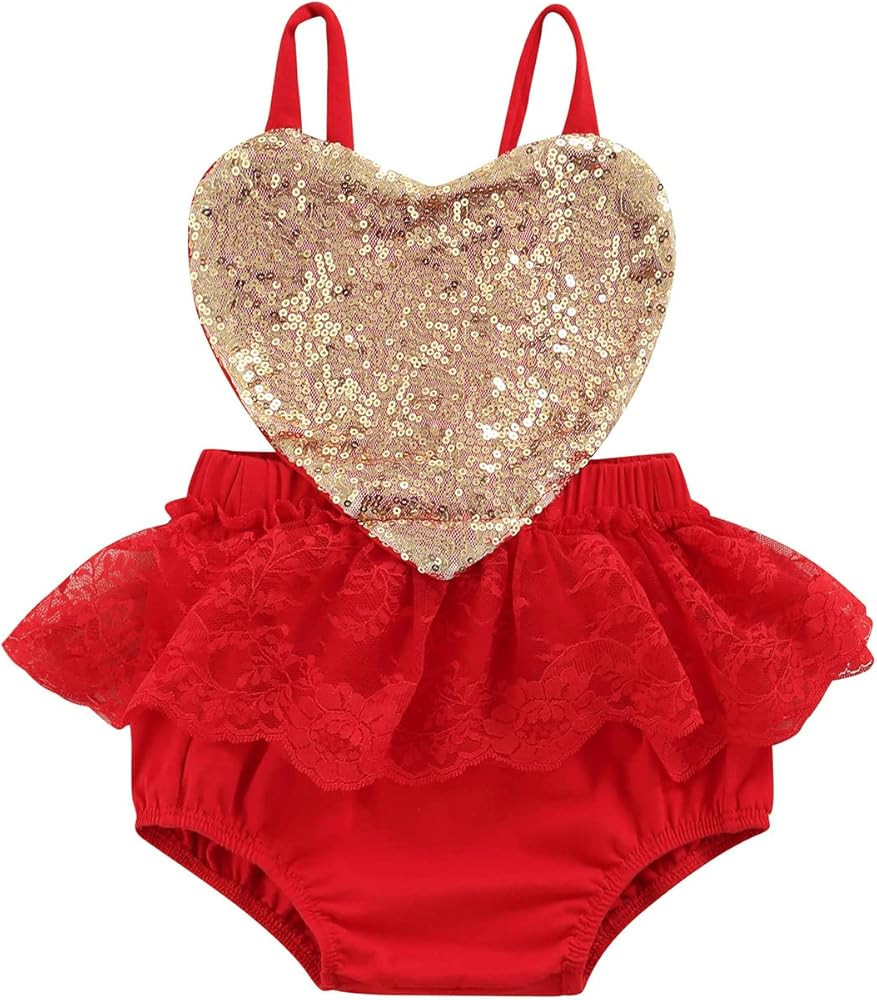 Baby Girl Valentines Day Outfit Sequin Sparkle Heart Lace Tutu Romper Clothes | Amazon (US)