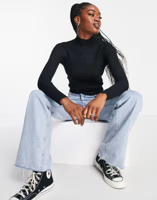 Stradivarius ribbed semi high neck knit top in black | ASOS (Global)