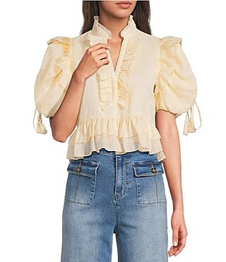 A Loves A Woven Ruffle Split V-Neck Short Bubble Sleeve Cropped Flounce Blouse - S | Dillard's