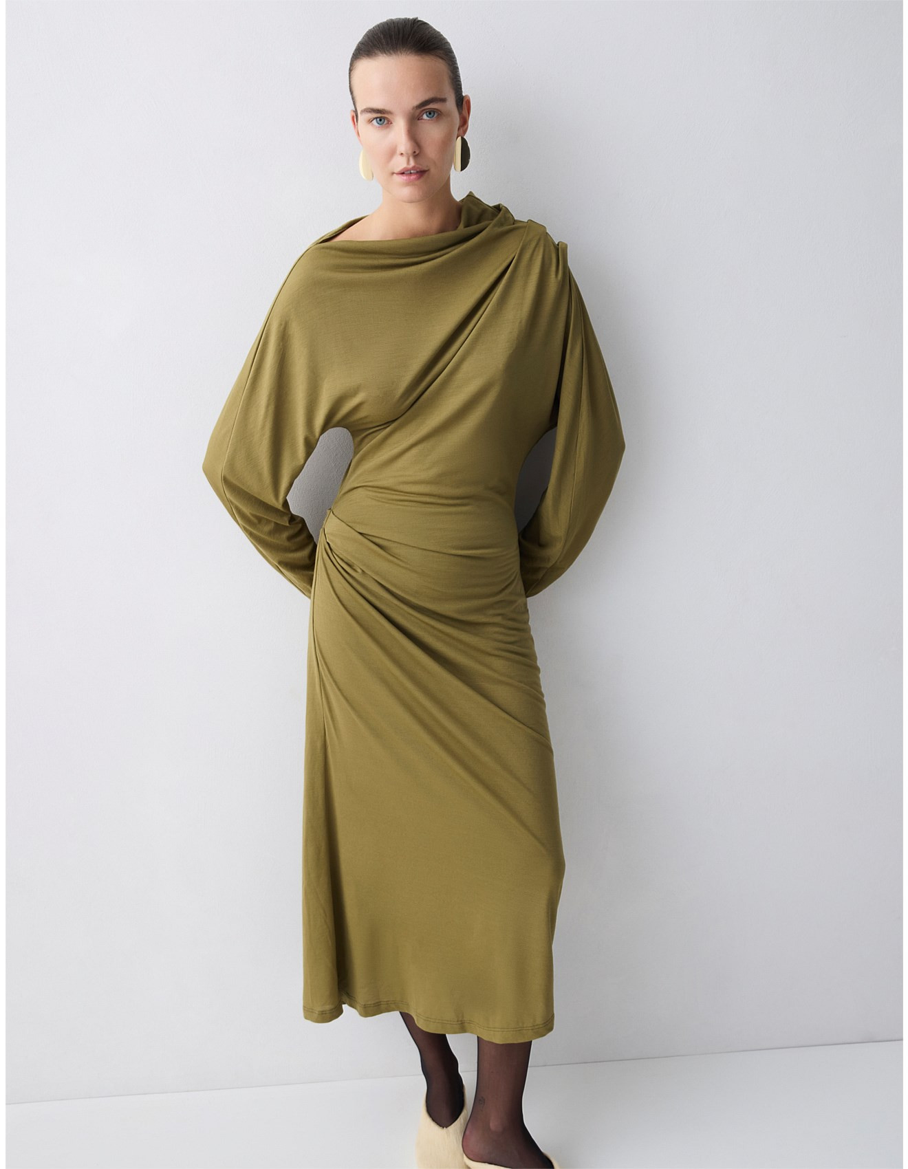 KHAKI MERINO DECODE LONG SLEEVE DRESS | David Jones (Australia & New Zealand)