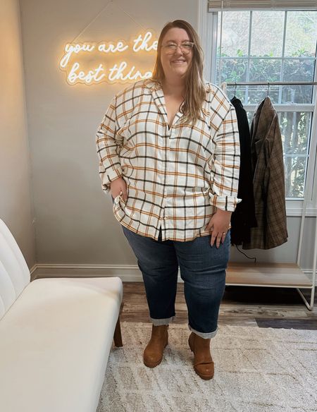 Plus size fall look from Madewell! Use code HOUSEOFDOROUGH20 now through 11/16 for 20% off!! I'm wearing a 4X in the oversized plaid flannel boyfriend shirt. The fit is great for my apple shape body type! Wearing a size 28 in the Perfect Vintage Jean in Manorford Wash - these have a little stretch and are a more relaxed fit. I cuffed them, but they can be uncuffed! I paired this Madwell look with a pair of the Lane Bryant Dreamcloud chelsea boots!

#LTKSeasonal #LTKcurves #LTKHoliday