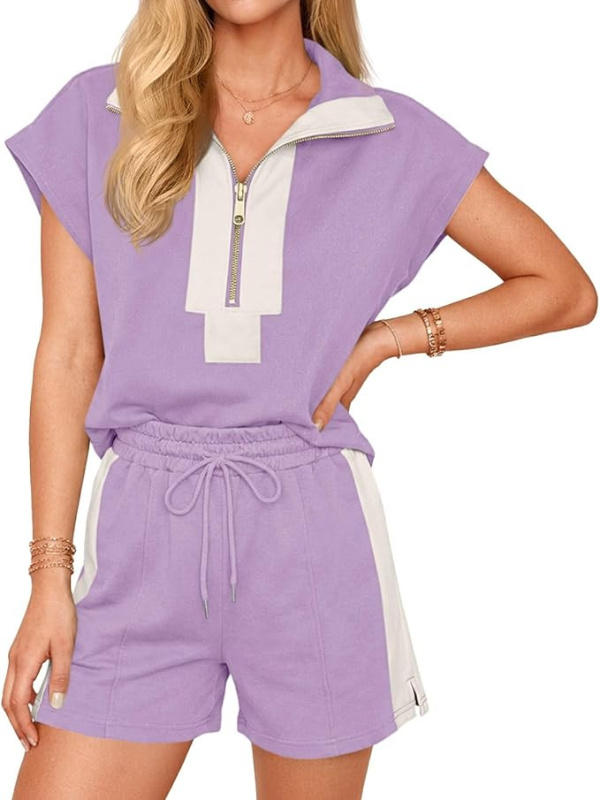 Cicy Bell Womens 2 Piece Outfits Summer Half Zip V Neck Cap Sleeve Tops Matching Sets Color Block... | Amazon (US)