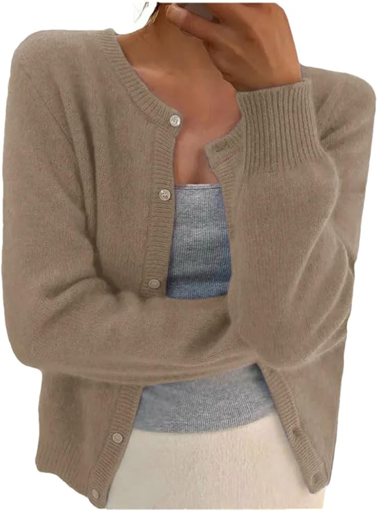 Women Solid Color Knitted Cardigan Single Breasted Long Sleeve Jumper Round Neck All Match Outwea... | Amazon (US)