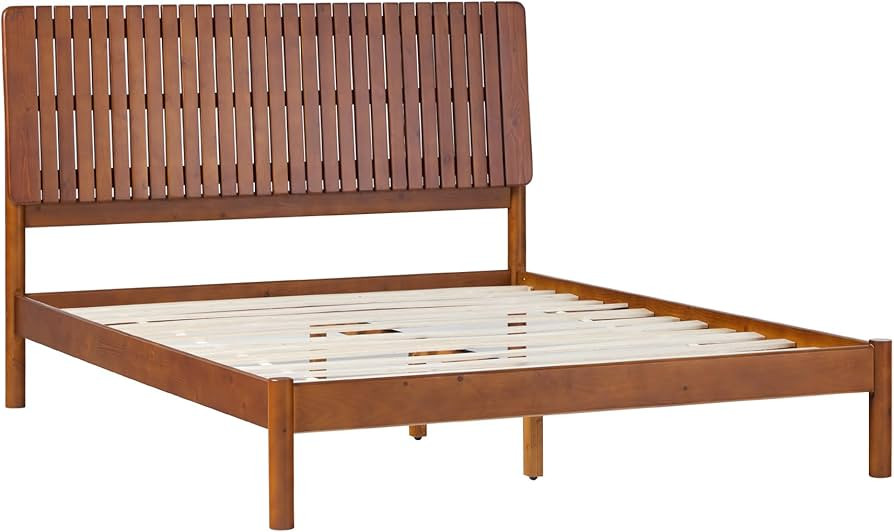 Walker Edison Queen Transitional Vertical Slatted Headboard Solid Wood Bed, Queen Size, Brown | Amazon (US)