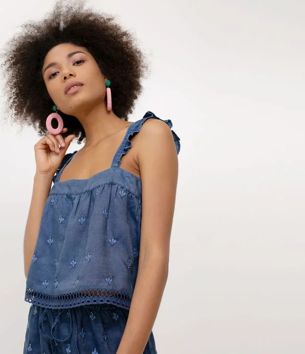 Regata Cropped Jeans com Bordados  - Lojas Renner | Lojas Renner (BR)