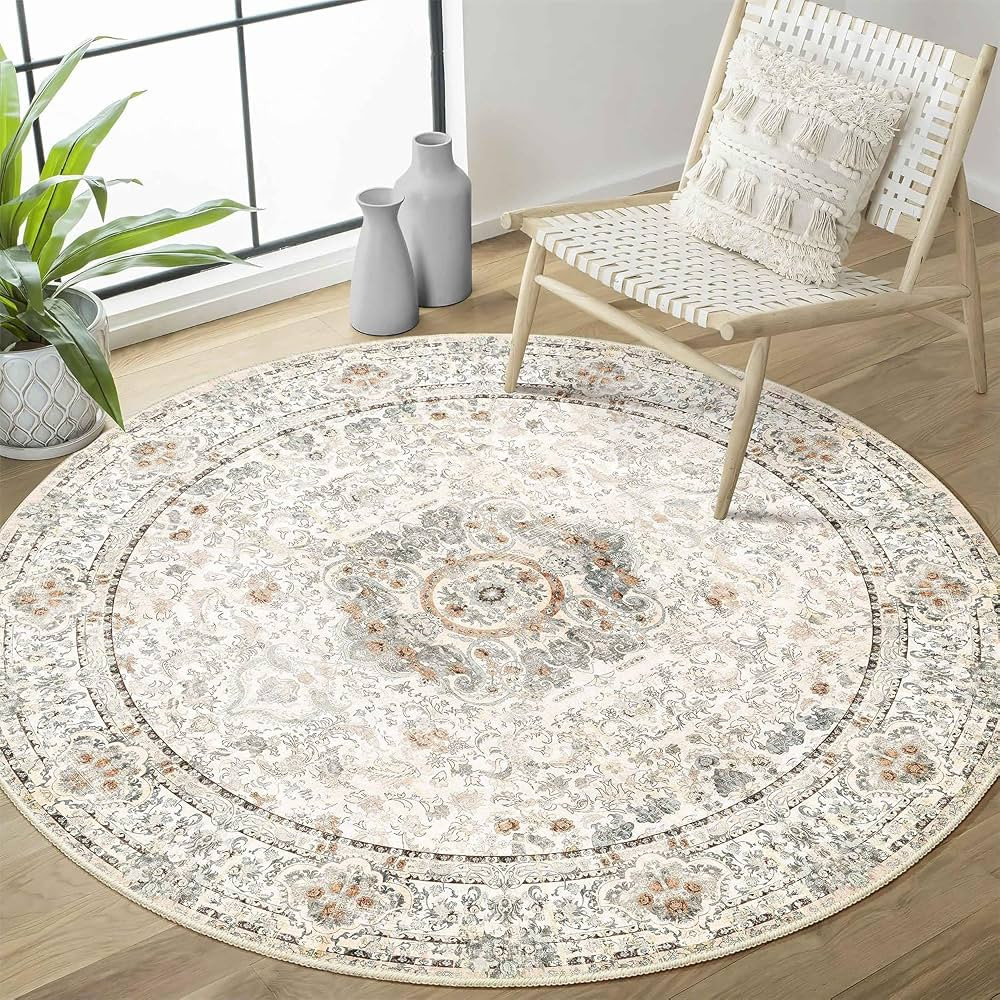 Boho Round Rug 4ft,Washable Circle Area Rugs for Bedroom Bathroom Entryway,Beige Vintage Bohemian... | Amazon (US)