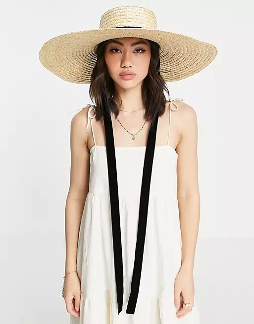 ASOS DESIGN oversized natural straw boater with undertie and size adjuster in natural | ASOS (Global)