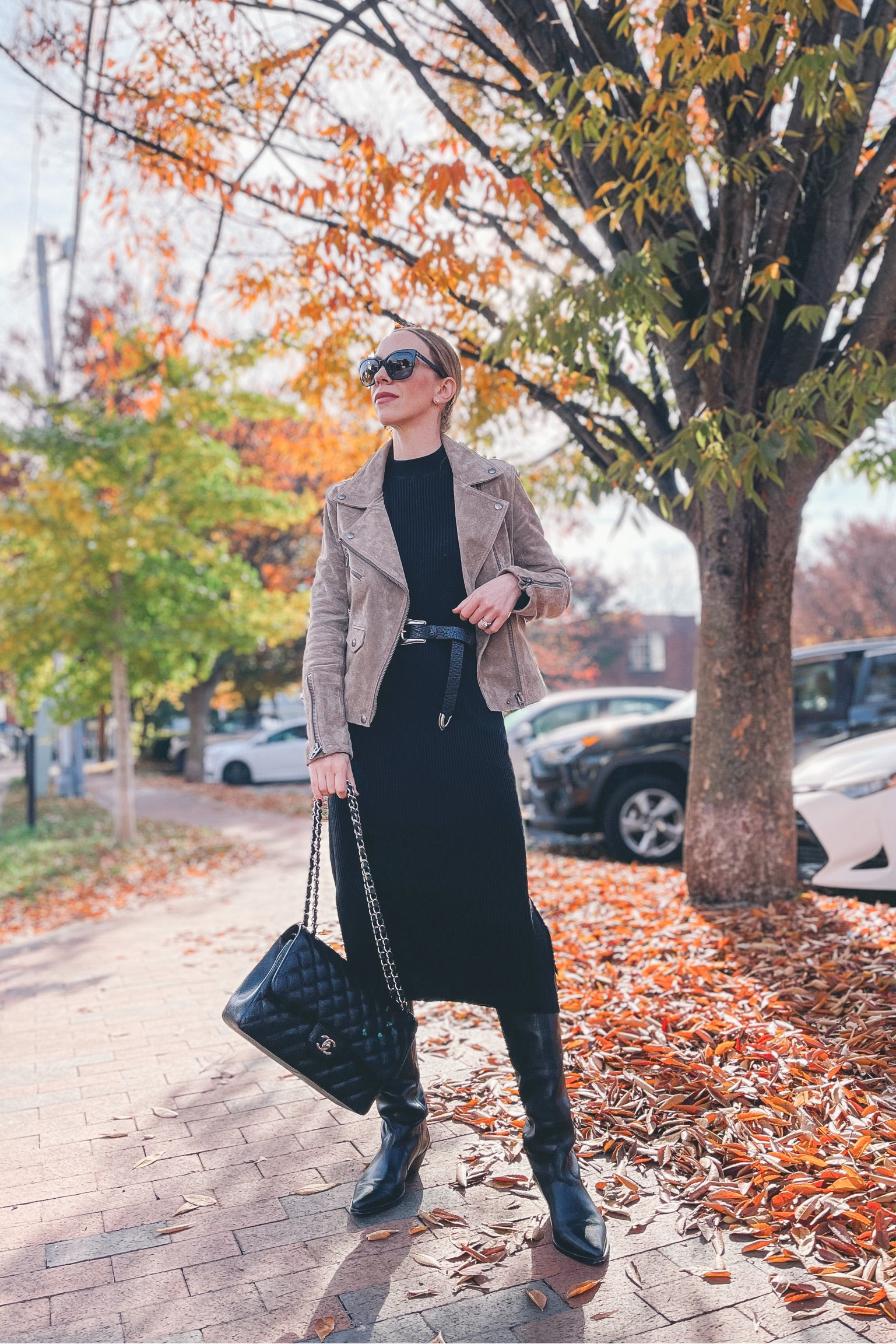 Amazon sweater dress under $60 (size up for relaxed fit) 

Suede moto jacket, sweater dress, western boots 

#LTKunder100 #LTKshoecrush #LTKstyletip