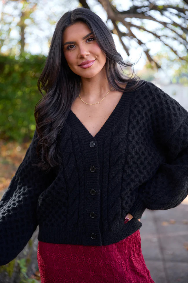 Louisa Black Cable Knit Cardigan DOORBUSTER | Pink Lily