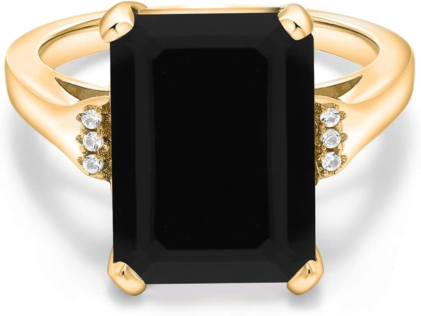 Gem Stone King 18K Yellow Gold Plated Silver Black Onyx Women Ring (6.67 Cttw, Emerald Cut 14X10M... | Amazon (US)