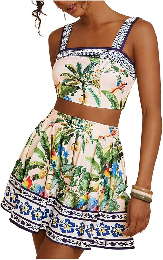 Floerns Women's Two Piece Outfit Tropical Crop Cami Top and Summer Skirts Set | Amazon (US)