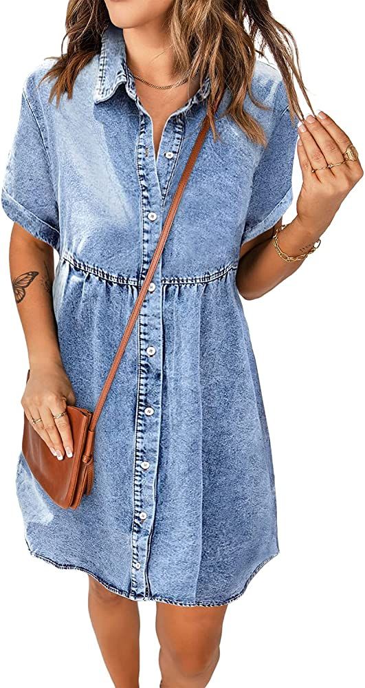 luvamia Women's Casual Short Sleeve Button Down Tiered Denim Babydoll Jean Dress | Amazon (US)