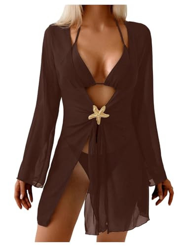 SHENHE Women's Swimsuit Cover Ups Long Sleeve Chiffon Sheer Swim Cover Up Dress Beach Coverup Coffee Brown X-Large | Amazon (US)