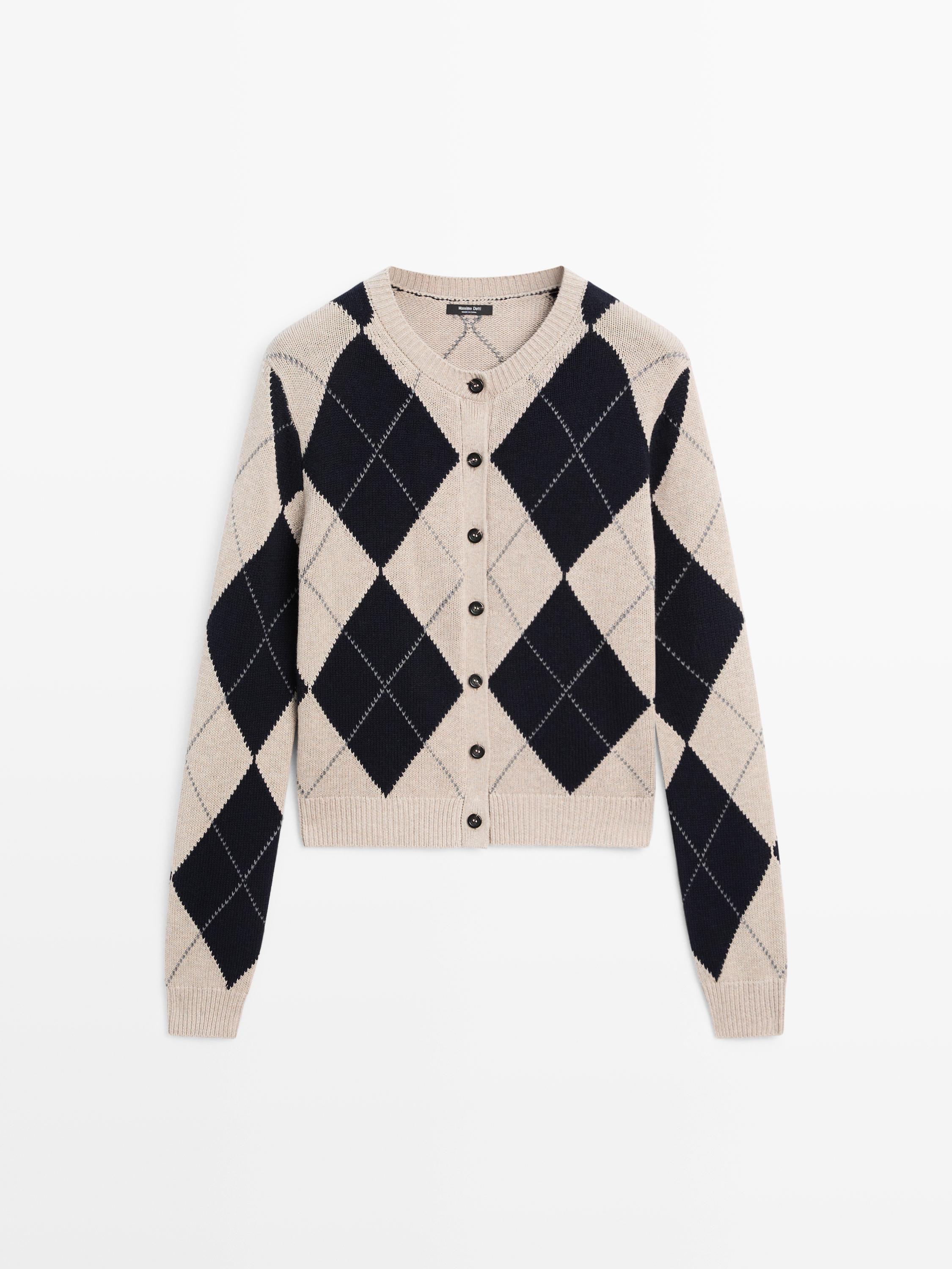 Cotton blend argyle knit cardigan | Massimo Dutti UK