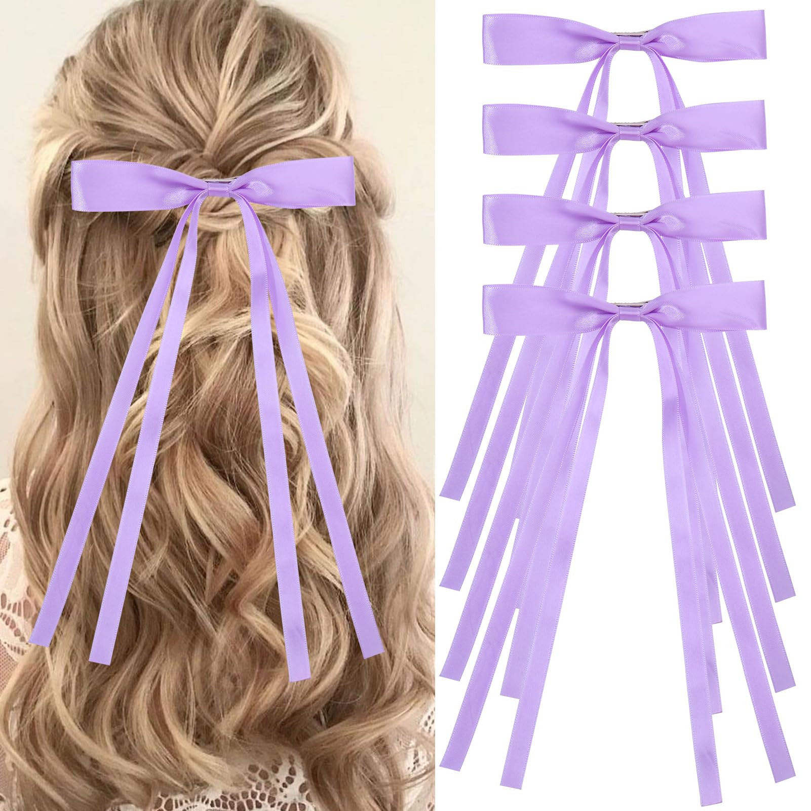 Purple Hair Bows for Women,4 PCS Large Bow Hair Clips Tassel Ribbon Bowknot With Long Tail,Ribbon... | Amazon (US)