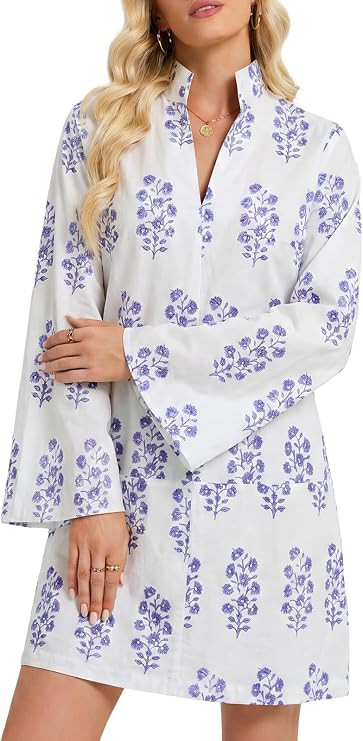 EZAPINE Bell Sleeve Dress for Women Floral V Neck Stand Collar Cotton Shift A line Vacation Beach... | Amazon (US)