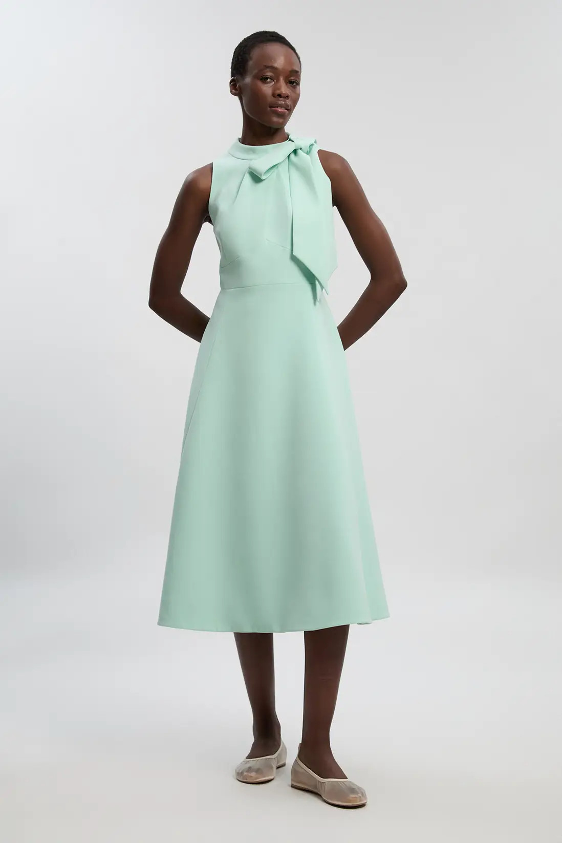 Compact Stretch Bow Tie Neck Full Skirted Midi Dress | Karen Millen UK + IE + DE + NL