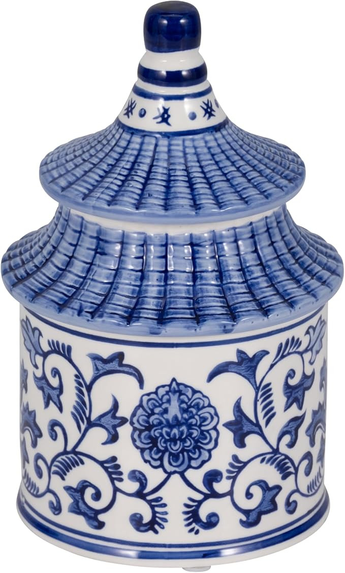 Sagebrook Home Blue and White Chinoiserie Ceramic Candle Jar – Pagoda-Inspired Decorative Candl... | Amazon (US)