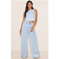 Light Blue Turn Up Hem Wide Leg Jean | PrettyLittleThing US
