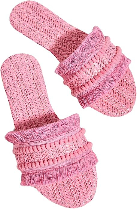 OYOANGLE Women's Fringe Straw Sandals Crochet Open Toe Single Band Flat Slip On Sandals | Amazon (US)