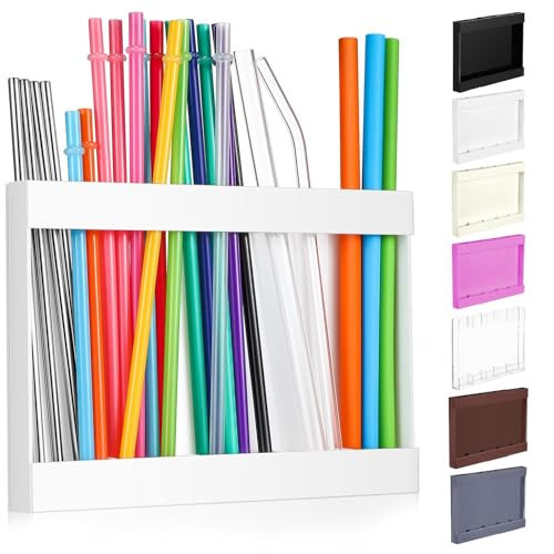 Qinyoung Acrylic Straw Holder for Cabinet Door with Double Sided Adhesive Tape Reusable Straw Organizer Tumbler Storage Kitchen Accessories Container for Counter Cupboard(Classic,Large,White) | Amazon (US)