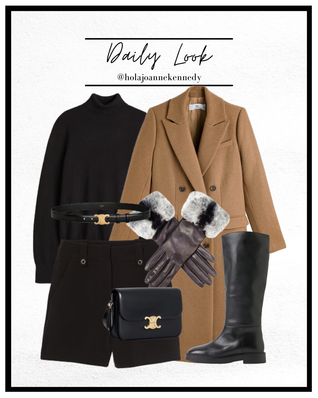 Classic workwear outfit, camel tailored coat, camel wool coat, black tailored shorts, black fleece lined tights, black riding boots, black faux leather gloves, black fur trim gloves, black polo neck, black turtle neck jumper, chic workwear outfit idea, winter workwear look 

#LTKstyletip #LTKuk #LTKworkwear
