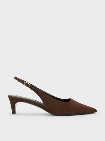 Faux Suede Pointed-Toe Kitten-Heel Slingback Pumps
    
         - Dark Brown | Charles & Keith AU