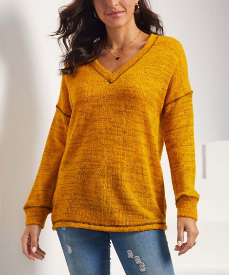 Suzanne Betro Weekend Marigold Contrast-Stitch V-Neck Top - Women & Plus | Zulily