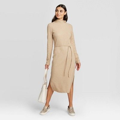 Women's Long Sleeve Mock Turtleneck Belted Knit Midi Dress - A New Day™ | Target