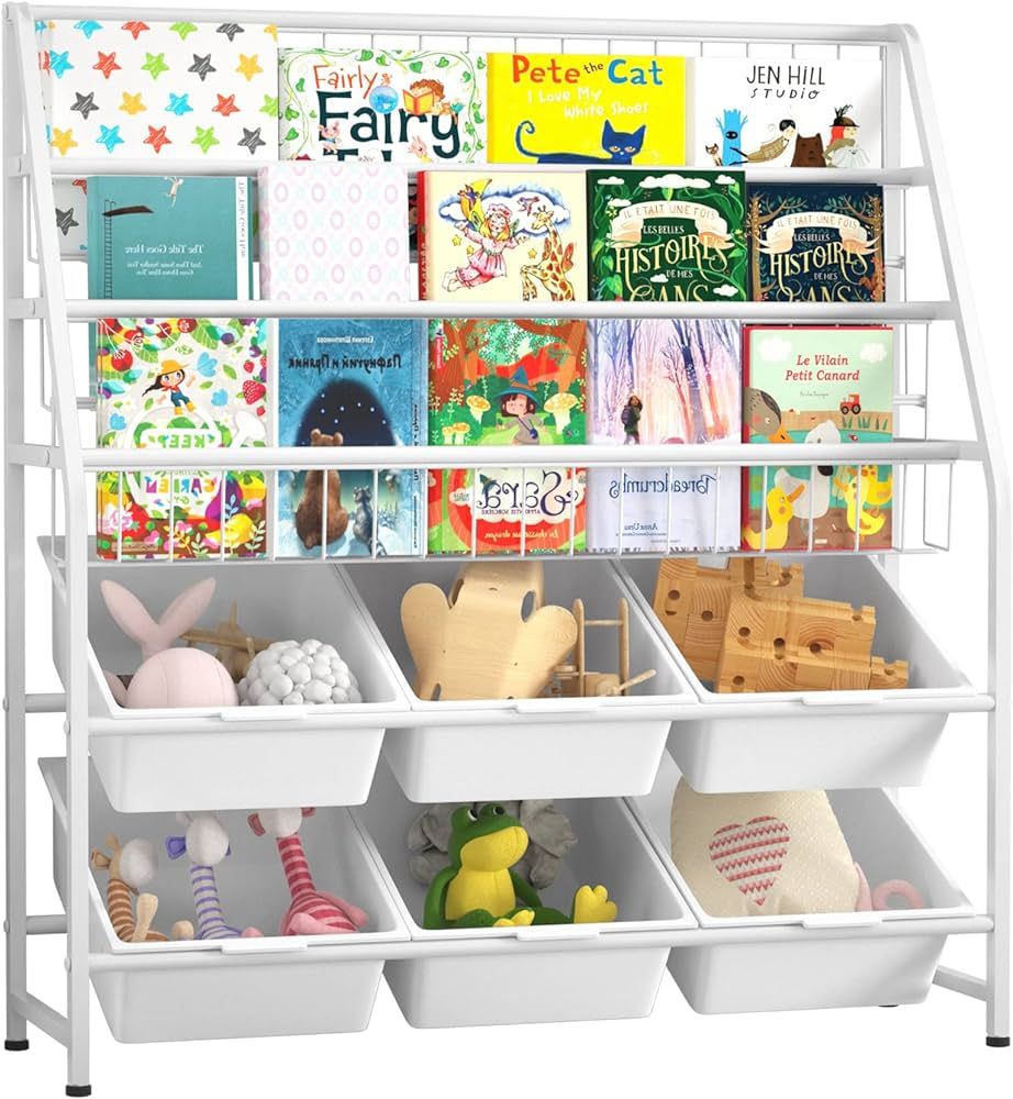 JAQ Kids Bookshelves with Storage Bins, 3-Tier Metal Bookcases Rack on Display with 2-Tier Storag... | Amazon (US)