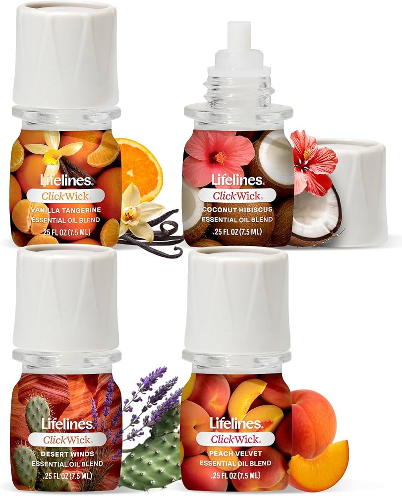 ClickWick Essential Oil Blends for Lifelines Diffusers, 4-Pack Sun-Kissed Escape - Essential Oil Blend Refill for Candle, Plant & Shower Aromatherapy Diffuser - Fragrance for Diffusers | Amazon (US)