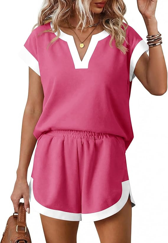 Tankaneo Womens V Neck Color Block Short Sets Summer Short Sleeve T Shirts and Shorts with Pocket... | Amazon (US)