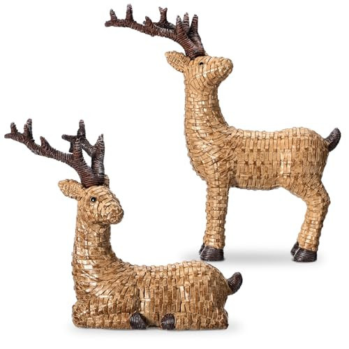 Yookeer 2 Pcs Christmas Reindeer Decoration Small Artificial Rattan Brown Rattan Resin Deer Figurines Christmas Tabletop Reindeer Statue Centerpiece Ornaments for Mantel Fireplace Living Room Bedroom | Amazon (US)
