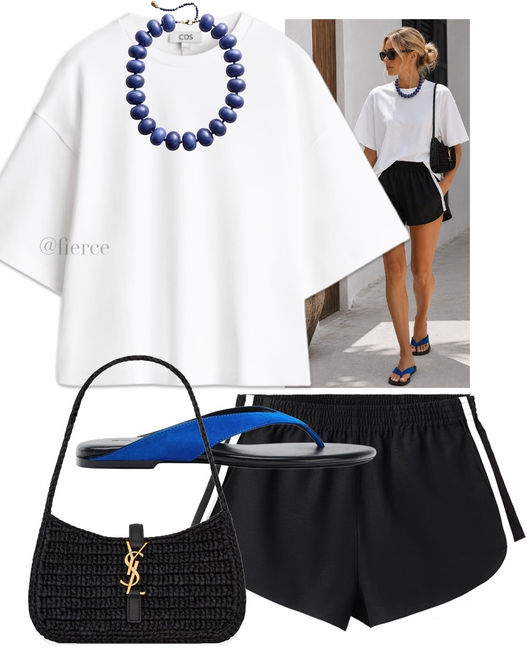 Blank athletic shorts cobalt blue flat sandals oversized white tshirt blue beaded necklace Ysl raffia bag

#LTKsummer #LTKuk #LTKeurope