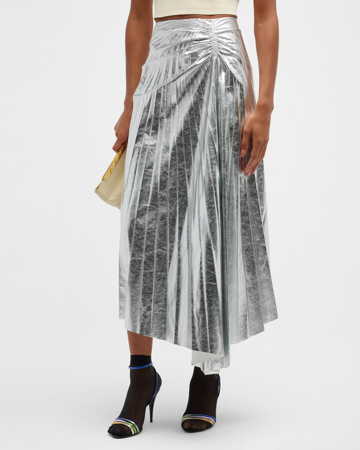 Tori Pleated Metallic Vegan Leather Midi Skirt | Neiman Marcus