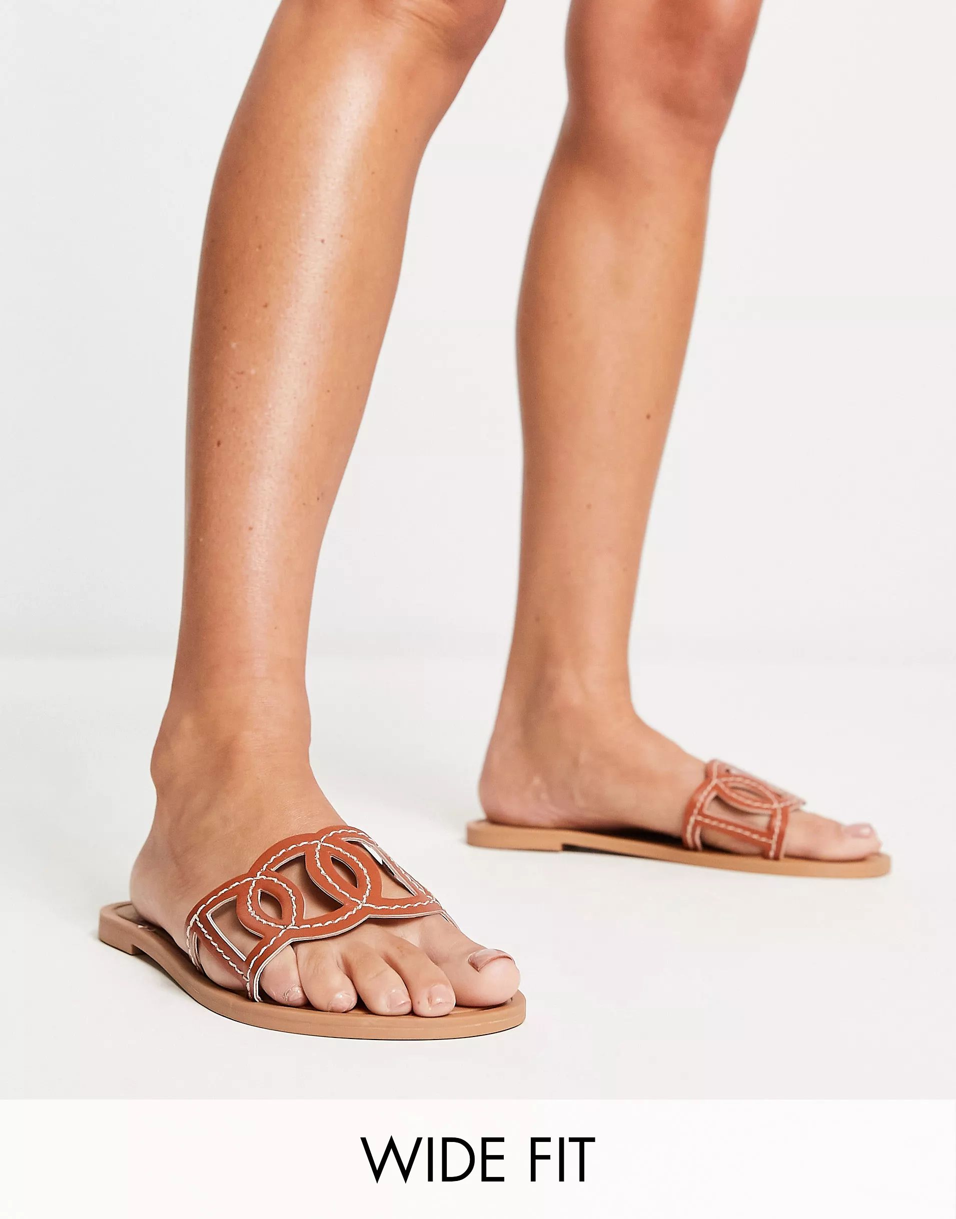 ASOS DESIGN Wide Fit Frappe flat sandal in tan | ASOS (Global)