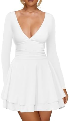 Kaximil Women's Sexy Long Sleeve V Neck Mini Dress Ruched A Line Flowy Cocktail Party Short Dress... | Amazon (US)
