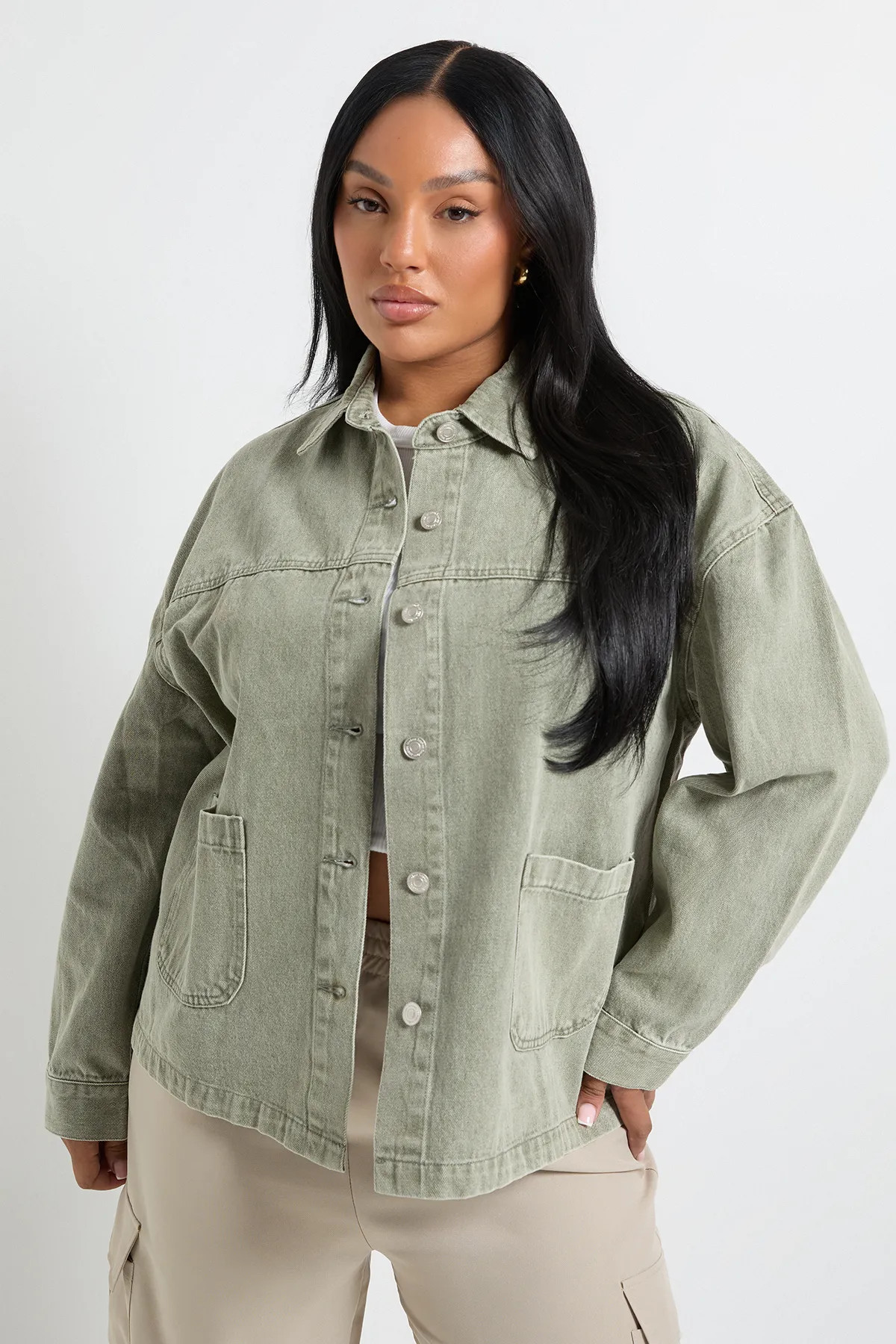 Plus Khaki Washed Denim Jacket | boohoo (US & Canada)