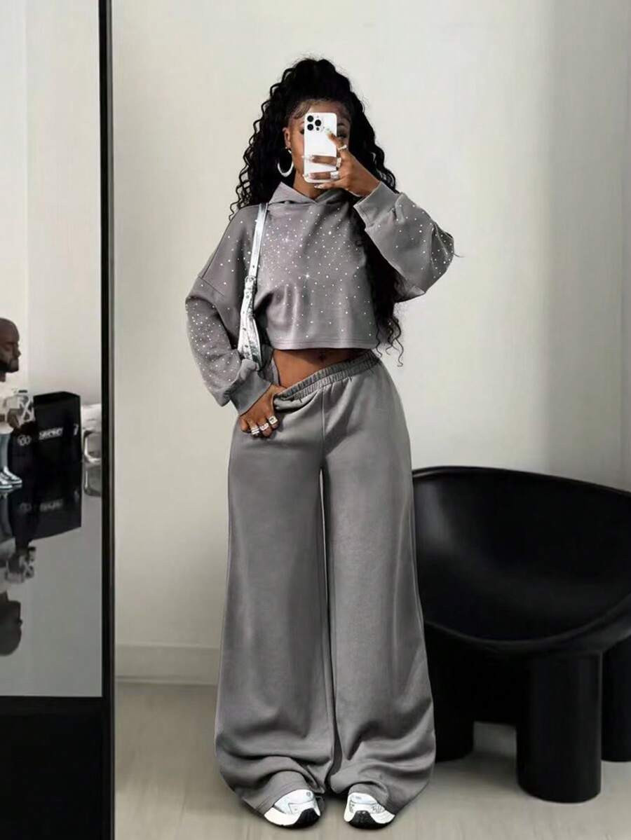 BamGleam Women's Casual Hooded Sweatshirt And Pants Set, Sexy Party Diamond Decor, 2pcs | SHEIN