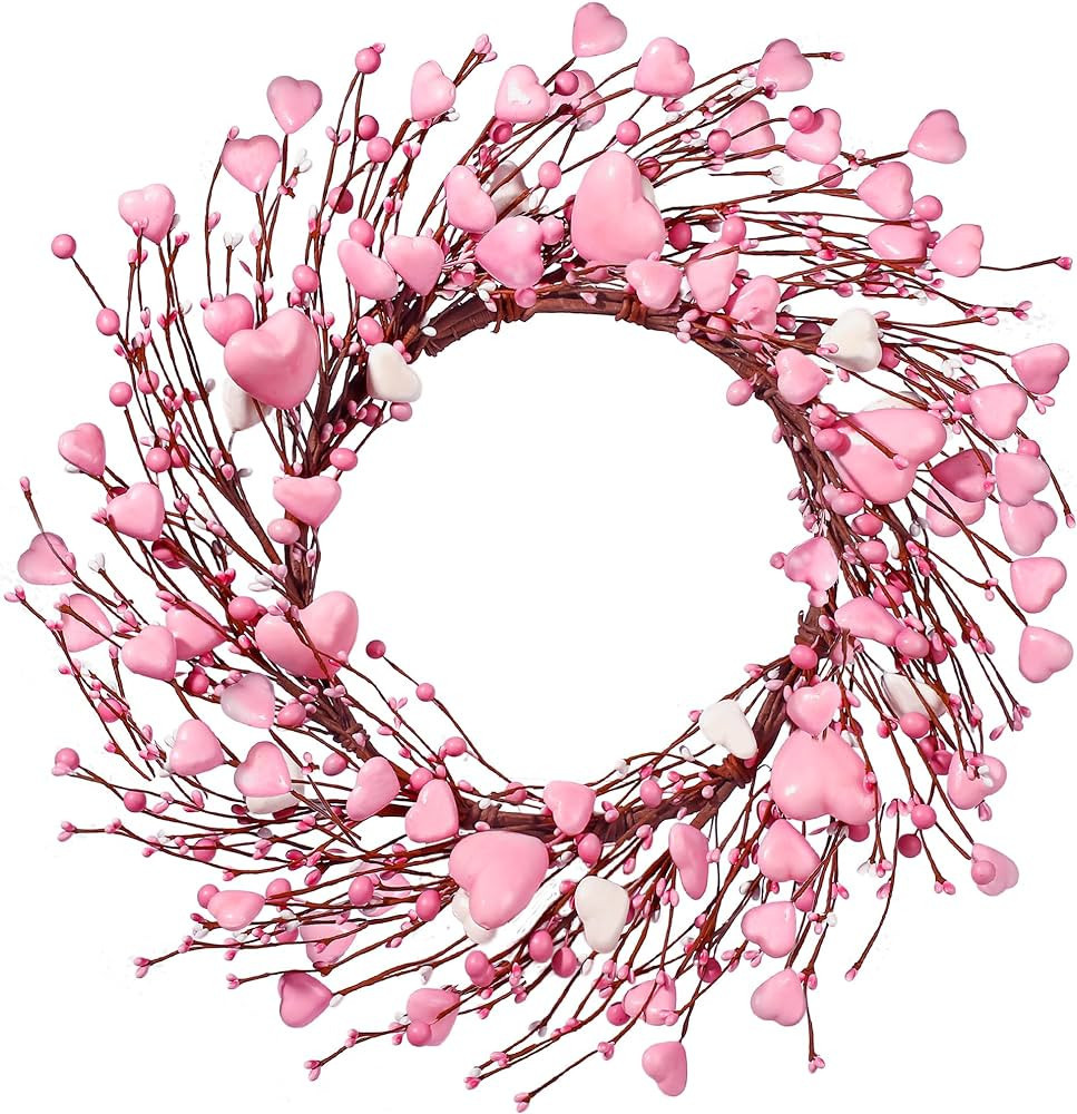 Sggvecsy 18’’ Valentine's Day Wreath Handmade Foam Heart Shaped Wreath Pink Pip Berry Artific... | Amazon (US)