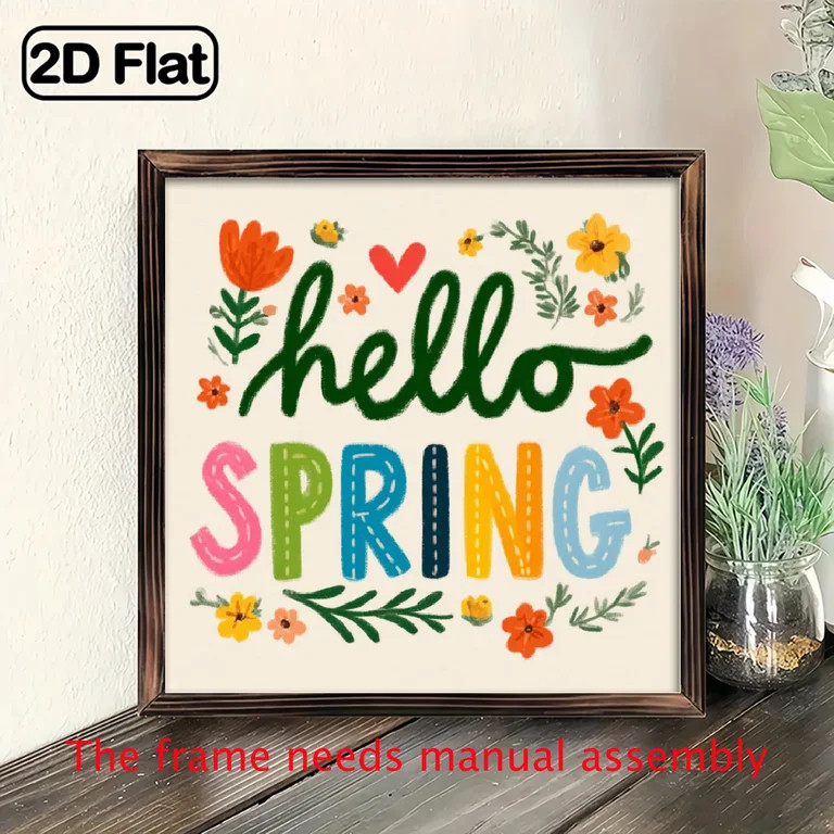 2D Flat, 1pc Hello Spring Wood Framed Sign 8x8 Inch Vibrant Floral Spring Decor with Colorful Hel... | Walmart (US)