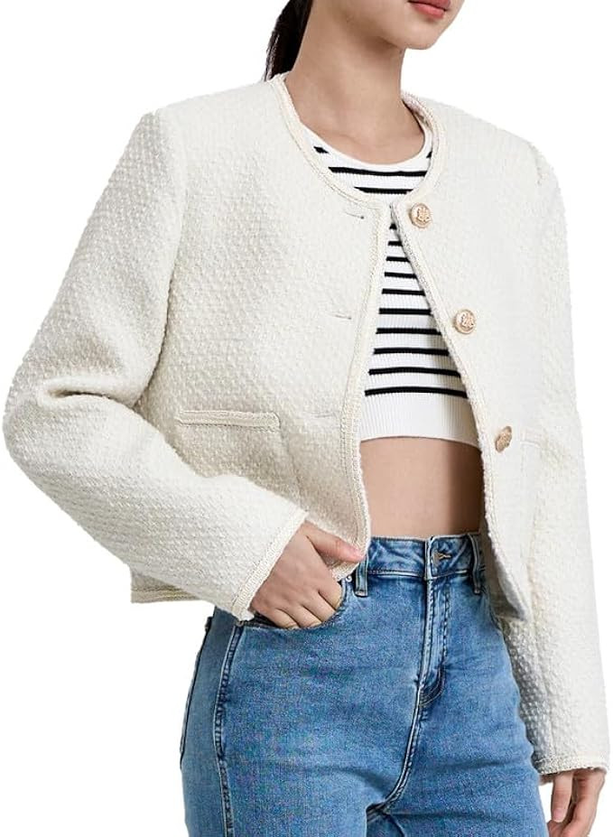 URBAN REVIVO Women's Long Sleeve Cropped Tweed Jacket with Pocket Elegant Slim Fit Work Office Bu... | Amazon (US)