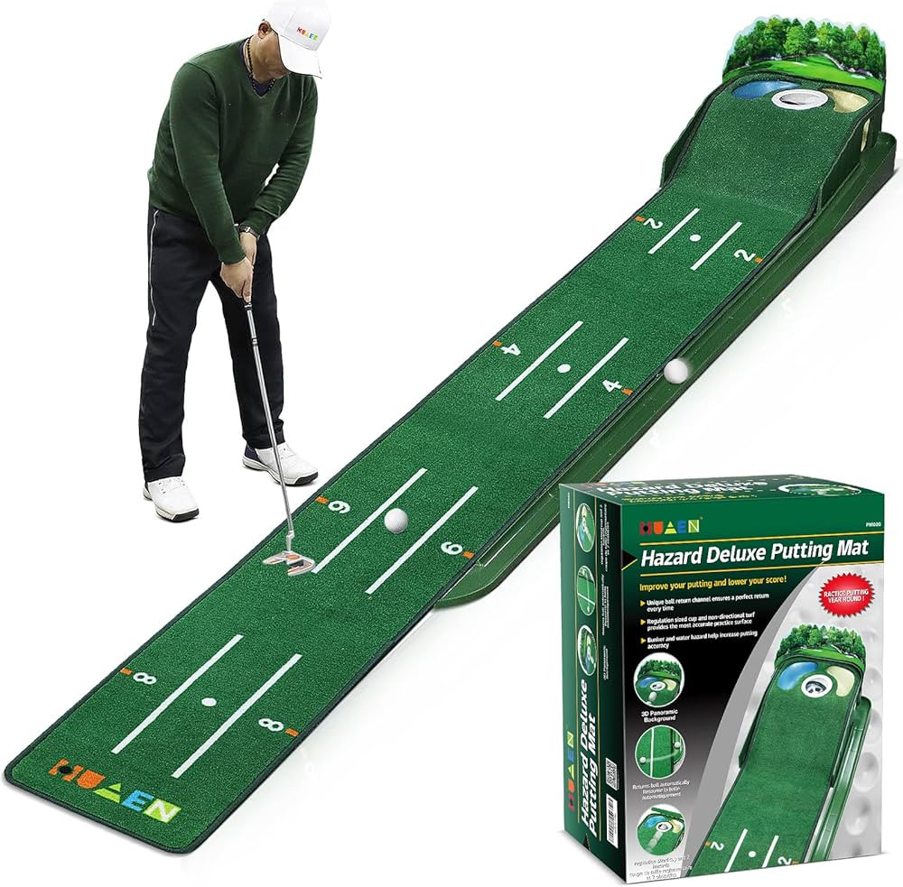 HUAEN Golf Putting Green Putting Mat Indoor & Outdoor with Ball Return and 3 Holes Improve Accura... | Amazon (US)