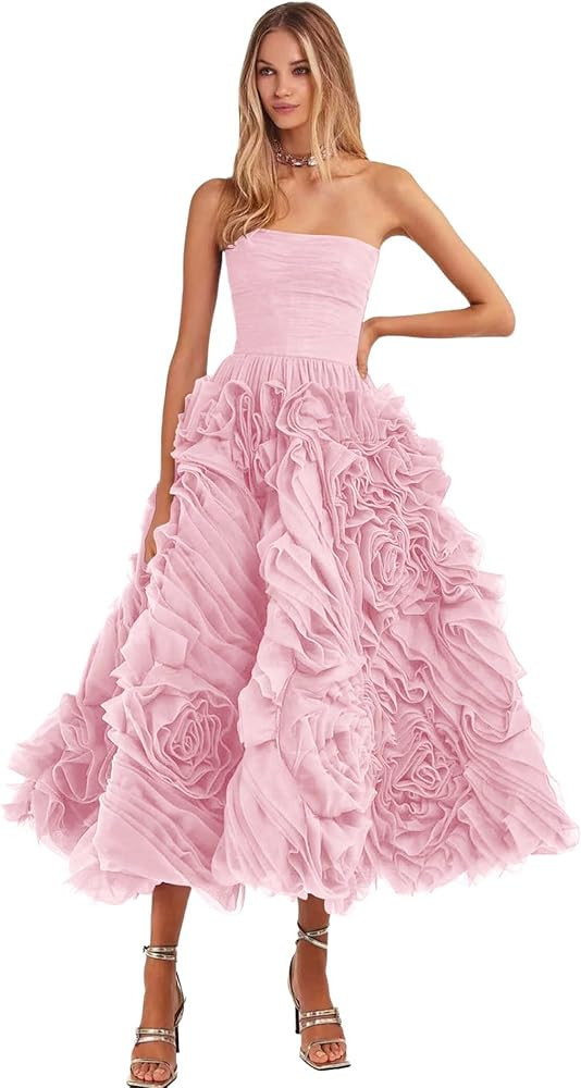 LTW Strapless Homecoming Dresses for Teens 2026 Organza Formal Ball Gown 3D Floral Prom Dresses | Amazon (US)